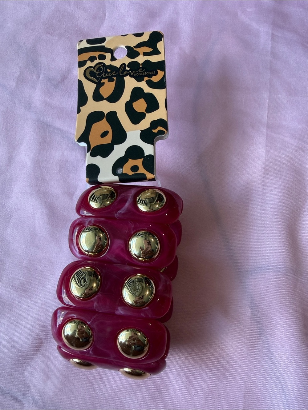 Women’s Fuchsia Resin stretchy Bracelet with Gold Studs- tru love